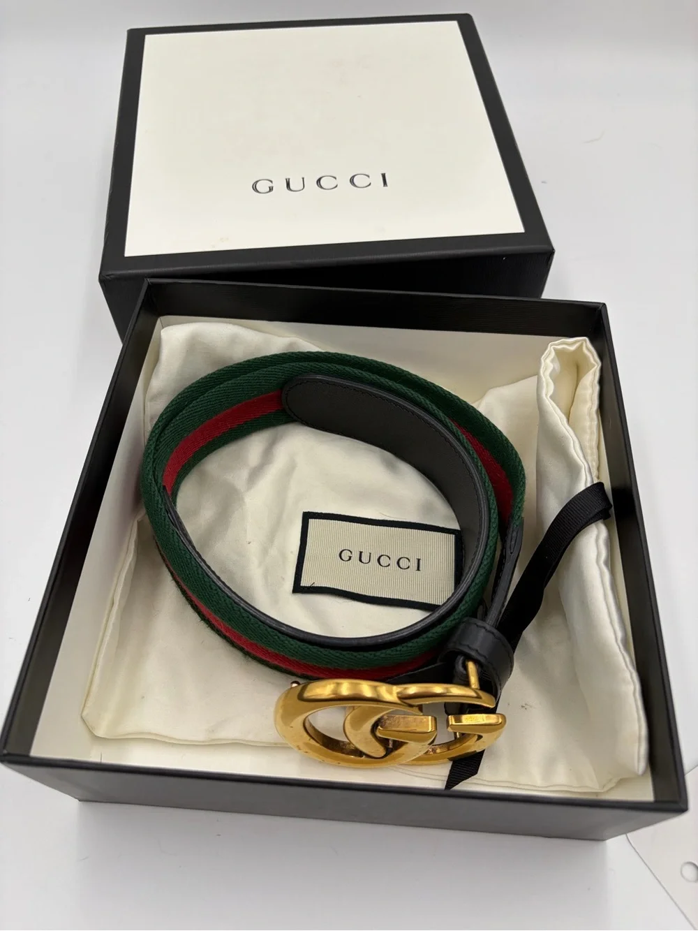 Gucci Women’s Black Leather & Web Stripe Belt with Gold Double G  Buckle 85-34